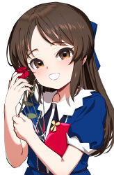 Rule 34 | 1girl, blue bow, blue dress, bow, brown eyes, brown hair, collared dress, commentary request, dress, flower, gift bag, hair bow, hands up, highres, idolmaster, idolmaster cinderella girls, long hair, looking at viewer, parted lips, pettan p, puffy short sleeves, puffy sleeves, red flower, red rose, rose, short sleeves, simple background, smile, solo, tachibana arisu, upper body, very long hair, white background
