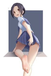 Rule 34 | 1girl, absurdres, ass, barefoot, blue hair, blue skirt, brown eyes, covering ass, covering privates, feet, highres, j.c.14, kobayakawa rinko, looking at viewer, looking back, love plus, panties, parted lips, school uniform, serafuku, short hair, simple background, skirt, soles, solo, striped clothes, striped panties, toes, underwear, white background