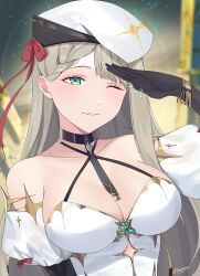 Rule 34 | 1girl, absurdres, aia amare, aia amare (2nd costume), aqua eyes, bare shoulders, beret, black choker, blonde hair, blush, braid, breasts, choker, cleavage, clothing cutout, collarbone, detached sleeves, hat, highres, large breasts, lendivere, light smile, long hair, looking at viewer, nijisanji, nijisanji en, one eye closed, parted lips, salute, solo