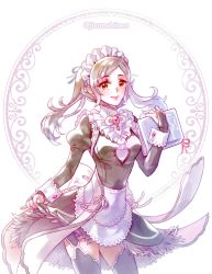 Rule 34 | 1girl, alternate costume, apron, blush, breasts, corrin (female) (fire emblem), corrin (fire emblem), enmaided, fire emblem, fire emblem fates, hairband, highres, liefe, long hair, looking at viewer, maid, maid apron, maid headdress, nintendo, pointy ears, red eyes, smile, solo, waist apron, white hair