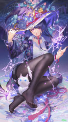 Rule 34 | 1girl, absurdres, artist name, atdan, blue flower, blunt bangs, breasts, cat, collared shirt, crystalfly (genshin impact), detached collar, electricity, feet, flower, full body, genshin impact, hand on headwear, hat, hat flower, highres, large breasts, long hair, long sleeves, looking at viewer, mole, mole under eye, nail polish, neck tassel, no shoes, open clothes, open shirt, pantyhose, parted lips, print shirt, purple eyes, purple flower, purple hair, purple hat, purple nails, purple shirt, raiden shogun, shirt, sitting, solo, very long hair, white shirt, witch hat