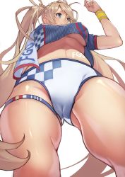 Rule 34 | 1girl, absurdres, arm up, blonde hair, blouse, blue eyes, blue shirt, body writing, bradamante (fate), braid, breasts, cameltoe, commentary request, copyright name, crown braid, duplicate, fate/grand order, fate (series), fist pump, french braid, from below, gluteal fold, hair between eyes, highres, long hair, looking to the side, navel, no bra, race queen, shirt, short sleeves, simple background, smile, solo, stomach, thigh strap, thighs, twintails, underboob, very long hair, white background, wristband, yoshio (55level)