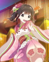 Rule 34 | 10s, 1girl, :d, brown eyes, brown hair, flower, hair flower, hair ornament, japanese clothes, katayama minami, kimono, looking at viewer, low twintails, official art, open mouth, smile, solo, twintails, wake up girls!, wake up girls! stage no tenshi, yukata