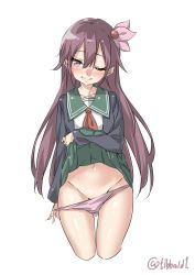 Rule 34 | 10s, 1girl, bad id, bad twitter id, black jacket, blush, closed mouth, clothes lift, collarbone, cowboy shot, cropped legs, ebifurya, eyebrows, green skirt, groin, hair between eyes, hair ornament, highres, inactive account, jacket, kantai collection, kisaragi (kancolle), kisaragi kai ni (kancolle), lifted by self, long hair, long sleeves, navel, neckerchief, one eye closed, panties, panty pull, pink eyes, pink hair, pink panties, pleated skirt, pulled by self, school uniform, serafuku, simple background, skirt, skirt lift, smile, solo, stomach, twitter username, underwear, white background