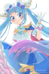Rule 34 | 1girl, armband, blue bow, blue dress, blue eyes, blue hair, blurry, blurry foreground, bow, brooch, cape, commentary, cowboy shot, cure sky, cut bangs, dated, depth of field, dress, earrings, frilled dress, frills, gloves, gradient hair, hair bow, heart, heart brooch, highres, hirogaru sky! precure, jewelry, long hair, looking at viewer, magical girl, multicolored hair, open mouth, pink hair, poma123poma, precure, short dress, simple background, sleeveless, sleeveless dress, smile, solo, sora harewataru, standing, streaked hair, twitter username, two-sided cape, two-sided fabric, very long hair, white background, white gloves, wind, wing brooch, wing hair ornament