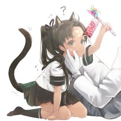 Rule 34 | 1boy, 1girl, ?, admiral (kancolle), all fours, animal ears, arm up, ayanami (kancolle), black socks, blush, brown eyes, brown hair, brown sailor collar, brown skirt, cat ears, cat tail, chestnut mouth, commentary request, flying sweatdrops, full body, gloves, hair ribbon, highres, holding, kantai collection, kneehighs, koinobori, long hair, pinwheel, ribbon, ruohire9, sailor collar, school uniform, serafuku, side ponytail, simple background, skirt, socks, tail, white background, white gloves, windsock
