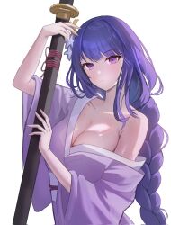 Rule 34 | 1girl, breasts, cleavage, commentary, genshin impact, highres, holding, holding sword, holding weapon, japanese clothes, katana, kimono, large breasts, long braid, long hair, looking at viewer, obi, off shoulder, parre20, purple eyes, purple hair, purple kimono, raiden shogun, sash, scabbard, sheath, sheathed, simple background, single bare shoulder, solo, sword, upper body, very long hair, weapon, white background
