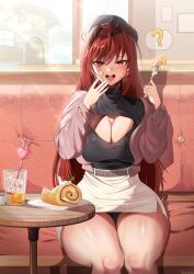 1girl belt beret black_hat black_sweater booth_seating breasts building cleavage cleavage_cutout clothing_cutout commentary commentary_request crazy_straw cropped_jacket crumbs cup drinking_glass drinking_straw english_commentary food fork goddess_of_victory:_nikke hat heart_straw highres holding holding_fork ice ice_cube jacket large_breasts long_hair looking_at_viewer miniskirt open_mouth pastry picture_frame pink_jacket plate rapi_(nikke) rapi_(red_hood)_(nikke) red_eyes red_hair salm0n0range sitting skirt solo sweater table thick_thighs thighs turtleneck turtleneck_sweater white_skirt window