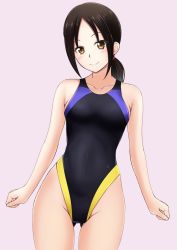 Rule 34 | 1girl, black hair, black one-piece swimsuit, breasts, brown eyes, collarbone, commentary request, competition swimsuit, covered navel, fuuma nagi, gluteal fold, grey background, long hair, looking at viewer, low ponytail, one-piece swimsuit, original, ponytail, simple background, small breasts, smile, solo, standing, swimsuit