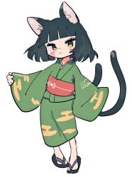 Rule 34 | 1girl, animal ears, black hair, cat ears, cat girl, cat tail, geta, green kimono, japanese clothes, kimono, looking at viewer, multiple tails, naka (buttergirl 02), obi, original, print kimono, red sash, sandals, sash, short hair, simple background, solo, standing, tail, white background, wide sleeves, zouri