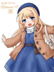 Rule 34 | 1girl, artist logo, beret, blonde hair, blue dress, blue eyes, blue hat, brown coat, coat, commentary, dated, dress, english commentary, hat, highres, jervis (kancolle), kantai collection, kotowari (newtype kenkyuujo), looking at viewer, one-hour drawing challenge, outstretched arms, simple background, smile, solo, twitter username, white background