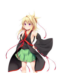 Rule 34 | 1girl, absurdres, bare shoulders, black kimono, black sleeves, blonde hair, blush, closed mouth, detached sleeves, green skirt, hair between eyes, haryuu (poetto), highres, japanese clothes, kimono, long sleeves, original, pleated skirt, ponytail, purple eyes, ribbon-trimmed skirt, ribbon-trimmed sleeves, ribbon trim, simple background, single hair intake, skirt, sleeveless, sleeveless kimono, sleeves past wrists, smile, solo, white background, wide sleeves
