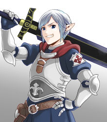 Rule 34 | 1boy, arm up, armor, belt, blue eyes, blue gloves, breastplate, brown belt, elf, elvaan, excenmille m aurchiat, fang, final fantasy, final fantasy xi, gauntlets, gloves, gradient background, grey hair, grin, hand on own hip, holding, holding sword, holding weapon, male focus, over shoulder, pointy ears, puffy sleeves, saginada, short hair, smile, solo, standing, swept bangs, sword, v-shaped eyebrows, weapon, weapon over shoulder