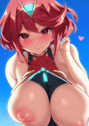 Rule 34 | 1girl, bare shoulders, black one-piece swimsuit, blue sky, blush, breasts, breasts out, chest jewel, closed mouth, competition swimsuit, earrings, fuya (tempupupu), jewelry, large breasts, looking at viewer, nipples, one-piece swimsuit, pyra (pro swimmer) (xenoblade), pyra (xenoblade), red eyes, red hair, red one-piece swimsuit, short hair, sky, smile, solo, swept bangs, swimsuit, tiara, two-tone swimsuit, xenoblade chronicles (series), xenoblade chronicles 2