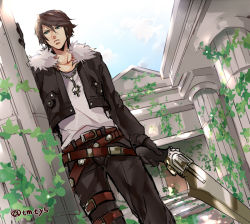 Rule 34 | 1boy, architecture, belt, black gloves, black jacket, black pants, blue eyes, brown hair, chain necklace, column, cowboy shot, cropped jacket, final fantasy, final fantasy viii, from below, fur collar, gloves, gunblade, holding, holding weapon, jacket, jewelry, long sleeves, looking to the side, loose belt, male focus, multiple belts, necklace, outdoors, pants, pillar, plant, scar, scar on face, shirt, short hair, solo, squall leonhart, tama (tmfy5), thigh strap, vines, weapon, white shirt