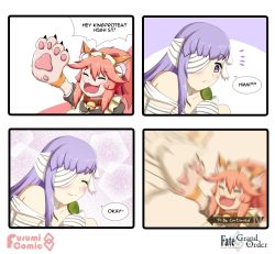 Rule 34 | 2girls, 4koma, animal ear fluff, animal ears, animal hands, apron, bandage over one eye, bandaged arm, bandaged head, bandaged leg, bandages, bell, blush, cat paws, collar, comic, english text, fate/grand order, fate (series), fox ears, fox girl, giant, giantess, gloves, highres, jingle bell, jojo no kimyou na bouken, keita naruzawa, kingprotea (fate), long hair, maid headdress, meme, moss, multiple girls, neck bell, open mouth, paw gloves, pink hair, purple eyes, purple hair, smile, tamamo (fate), tamamo cat (fate), tamamo cat (second ascension) (fate), to be continued, very long hair