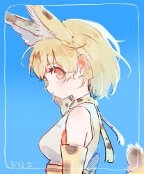 Rule 34 | 1girl, animal ears, bare shoulders, blonde hair, blue background, bow, bowtie, breasts, brown tail, commentary request, dated, extra ears, framed, from side, gloves, highres, kemono friends, light blush, looking to the side, medium breasts, orange eyes, parted lips, print bow, print bowtie, print gloves, profile, serval, serval print, shirt, shirt tucked in, short hair, sideways mouth, signature, skirt, sleeveless, sleeveless shirt, solo, tail, upper body, wamawmwm, white shirt, yellow bow, yellow bowtie, yellow gloves, yellow skirt