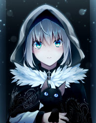 Rule 34 | 1girl, animal, blue eyes, blush, cat, fate (series), gray (fate), hair between eyes, highres, holding, holding animal, holding cat, hood, hood up, lens flare, long sleeves, looking at viewer, lord el-melloi ii case files, oriuo q, parted lips, short hair, silver hair, solo, upper body
