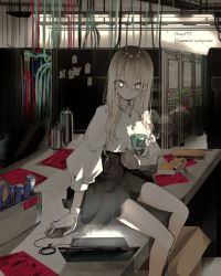 Rule 34 | 1girl, black skirt, box, cable, cardboard box, closed mouth, computer, cup, dot mouth, from side, gloves, grey hair, high-waist skirt, highres, holding, laptop, long hair, long sleeves, looking at viewer, looking down, miniskirt, mouse (computer), narue, original, server, shirt, sitting, skirt, solo, square pupils, table, teacup, white gloves, white shirt, wing collar