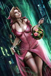 Rule 34 | 1girl, aerith gainsborough, anastasia (asteltainn), bare shoulders, basket, bracelet, braid, breasts, brown hair, choker, cleavage, clothes lift, coat, dress, dress lift, final fantasy, final fantasy vii, flower, flower basket, green eyes, hair ornament, hair ribbon, jewelry, lips, pink dress, ponytail, red coat, ribbon, square enix, square soft, thighhighs, thighs