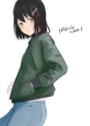 Rule 34 | 1girl, 73suke, absurdres, alternate costume, black hair, blue pants, brown eyes, commentary request, cowboy shot, denim, green jacket, haguro (kancolle), hair ornament, hairclip, highres, jacket, jeans, kantai collection, looking at viewer, pants, short hair, simple background, solo, white background