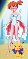 Rule 34 | 1girl, aqua eyes, blush, cosplay, creatures (company), elbow gloves, embarrassed, game freak, gen 1 pokemon, gloves, goldeen, goldeen (cosplay), hair tie, high heels, highres, leotard, misty (pokemon), nintendo, orange hair, pikachu, pokemon, pokemon (anime), pokemon (classic anime), pokemon ep043, ponytail, screencap, showgirl skirt, side ponytail, stitched, third-party edit