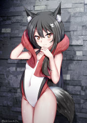 Rule 34 | 1girl, animal ear fluff, animal ears, bare arms, bare shoulders, black hair, blush, brick wall, brown eyes, chrisandita, closed mouth, collarbone, commentary, competition swimsuit, covered navel, drying, drying hair, english commentary, fox ears, fox girl, fox hair ornament, fox tail, groin, hair between eyes, hair ornament, hairclip, highres, long hair, looking at viewer, one-piece swimsuit, original, smile, solo, swimsuit, tail, towel, towel around neck, twitter username, very long hair, white one-piece swimsuit
