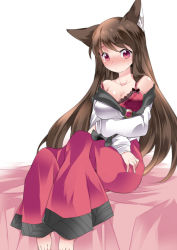 Rule 34 | 1girl, animal ears, barefoot, bed, blush, bra, breasts, brooch, brown hair, cleavage, dress, hammer (sunset beach), imaizumi kagerou, jewelry, lace, long hair, long sleeves, off shoulder, on bed, red bra, red eyes, sitting, solo, strap slip, tail, touhou, underwear, very long hair, werewolf, wide sleeves, wolf ears, wolf tail