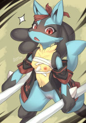 Rule 34 | 1girl, absurdres, animal ears, artist name, bad id, bad pixiv id, bandana, black fur, blue fur, blush, body fur, bone, bottomless, breasts, breasts out, budget sarashi, cleft of venus, clothed pokemon, coat, collarbone, creatures (company), dated, female focus, furry, furry female, game freak, gen 4 pokemon, green background, highres, holding, holding bone, legs apart, looking at viewer, lucario, multicolored fur, navel, nintendo, nipples, nose blush, off shoulder, open clothes, open coat, open mouth, pokemon, pokemon (creature), pussy, red bandana, red coat, red eyes, sarashi, short sleeves, sideways mouth, signature, small breasts, snout, solo, spikes, stomach, tail, tail raised, thick thighs, thighs, uncensored, wolf ears, wolf girl, wolf tail, yellow fur, zinfyu