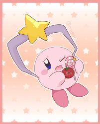 Rule 34 | 1other, blue eyes, blush stickers, border, crane game, crying, food, full body, gradient background, highres, holding, holding food, invincible candy, kirby, kirby (series), maxim tomato, nintendo, no humans, one eye closed, outline, pink border, signature, solo, star (symbol), starry background, syugurei, wavy mouth, white outline