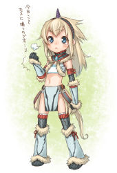 Rule 34 | 1girl, :&lt;, armor, blonde hair, blue eyes, boots, drill, elbow gloves, gloves, hairband, kirin (armor), monster hunter (series), navel, original, solo, thigh boots, thighhighs, translation request, yuuryuu nagare