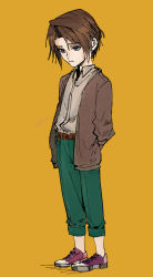 Rule 34 | 1boy, aged down, arms behind back, belt, blue eyes, brown belt, brown coat, brown hair, child, coat, collared shirt, final fantasy, final fantasy viii, green pants, grey shirt, highres, long sleeves, looking down, male focus, pants, pants rolled up, parted bangs, shio ga, shirt, shoes, short hair, sneakers, solo, squall leonhart, standing, yellow background
