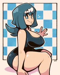 Rule 34 | 1girl, blue eyes, blue hair, breasts, cleavage, creatures (company), game freak, highres, lana&#039;s mother (pokemon), legendofnerd, long hair, nintendo, one-piece swimsuit, pokemon, solo, swimsuit, thighs, wide hips