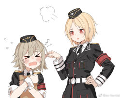 Rule 34 | &gt; &lt;, 2girls, blonde hair, blush, brown hair, closed eyes, commentary request, grabbing another&#039;s ear, file, flying sweatdrops, girls&#039; frontline, haijin, hand on another&#039;s ear, hat, military, military hat, military uniform, mp40 (girls&#039; frontline), mp41 (girls&#039; frontline), multiple girls, necktie, open mouth, pinching, uniform, wavy mouth, wehrmacht