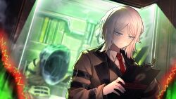 Rule 34 | 1girl, belt, black belt, blue eyes, brown vest, clipboard, closed mouth, collared shirt, faust (project moon), forsaken murderer, game cg, highres, holding, holding clipboard, indoors, limbus company, lobotomy corporation, long sleeves, medium hair, nai ga, necktie, official art, pen, project moon, red necktie, shirt, smoke, standing, vest, white hair, white shirt, wing collar