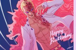 Rule 34 | 1boy, artist name, blonde hair, blood, blood on face, blue background, brancrokie, coat, donquixote doflamingo, feather coat, happy birthday, highres, long sleeves, male focus, muscular, one piece, open clothes, open mouth, open shirt, pink coat, shirt, short hair, signature, smile, solo, sunglasses, teeth, tongue, tongue out, white shirt