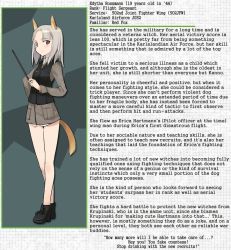 Rule 34 | 10s, 1girl, animal ears, brave witches, character profile, edytha rossmann, grey hair, jacket, legs, no socks, shimada fumikane, solo, stick, strike witches, tail, uniform, world witches series