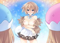 Rule 34 | 10s, 3girls, alternate breast size, bare shoulders, blanc (neptunia), blue eyes, blush, breasts, brown hair, cleavage, dress, embarrassed, female focus, game cg, happy, hat, highres, holding, holding clothes, holding hat, large breasts, lens flare, looking at viewer, multiple girls, neck ribbon, neptune (series), nipples, nude filter, open mouth, ram (neptunia), ribbon, rom (neptunia), shin jigen game neptune vii, short hair, siblings, sisters, skirt, smile, snowflakes, sparkle, sweatdrop, third-party edit, tsunako, twins
