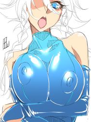 Rule 34 | 1girl, blue gloves, braid, breasts, elbow gloves, covered erect nipples, gloves, izayoi sakuya, large breasts, leotard, looking at viewer, open mouth, solo, tajima yuuki, tongue, tongue out, touhou, twin braids