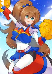 Rule 34 | 1girl, :d, android, blue skirt, breasts, brown hair, cheerleader, cloud, commentary, confetti, green eyes, hair between eyes, hair ornament, hand up, high ponytail, iris (mega man), knee up, long hair, looking at viewer, medium breasts, mega man (series), mega man x4, mega man x (series), navel, open mouth, outdoors, outstretched arm, pom pom (cheerleading), robot, skirt, sky, smile, solo, standing, standing on one leg, teeth, tobitori, upper teeth only, very long hair