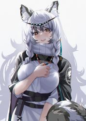 Rule 34 | 1girl, :d, animal ear fluff, animal ears, arknights, bead necklace, beads, belt, black belt, black cape, blush, braid, breasts, cape, dress, grey background, grey eyes, hair between eyes, hand on own chest, head chain, head tilt, highres, jewelry, leopard ears, leopard tail, long hair, looking at viewer, medium breasts, necklace, open mouth, pouch, pramanix (arknights), silver hair, simple background, smile, solo, tail, twin braids, upper body, very long hair, white dress, xiujia yihuizi