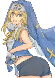 Rule 34 | 1boy, ass, bike shorts, black gloves, blonde hair, blue dress, blue eyes, bow, bridget (guilty gear), cuffs, dress, fingerless gloves, gloves, guilty gear, guilty gear xx, habit, highres, levvellevvel, looking at viewer, looking back, male focus, mars symbol, nun, open mouth, short hair with long locks, trap, yellow bow