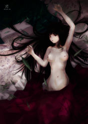 Rule 34 | 1girl, arm up, armpits, bed sheet, black hair, blush, breasts, brown eyes, female focus, houraisan kaguya, jq, leaf, long hair, looking at viewer, lying, navel, nipples, nude, on back, open mouth, pale skin, small breasts, solo, touhou, very long hair