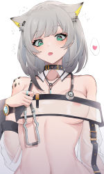 Rule 34 | 1girl, :p, absurdres, animal ear fluff, animal ears, arknights, blunt bangs, blush, breasts, buckle, cat ears, detached collar, green eyes, grey hair, hand on own chest, heart, highres, jewelry, juejue, kal&#039;tsit (arknights), looking at viewer, material growth, medium breasts, motion lines, navel, necklace, nipples, no bra, off shoulder, oripathy lesion (arknights), ring, see-through, short hair, solo, speech bubble, spoken heart, stethoscope, tongue, tongue out, upper body, watch, wristwatch