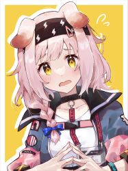 Rule 34 | 1girl, animal ears, arknights, black hairband, black jacket, blue bow, blush, border, bow, bracelet, braid, cat ears, fidgeting, flying sweatdrops, goldenglow (arknights), hair bow, hairband, highres, id card, infection monitor (arknights), jacket, jewelry, lightning bolt print, long hair, long sleeves, looking at viewer, open clothes, open jacket, open mouth, outside border, pink hair, shirt, side braid, simple background, solo, u yuz xx, upper body, white border, white shirt, yellow background, yellow eyes