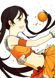 Rule 34 | 1girl, arancia, bad id, bad pixiv id, black hair, food, francisco valle, fruit, midriff, miniskirt, navel, orange (fruit), orange eyes, orange skirt, original, simple background, skirt, solo, twintails, white background