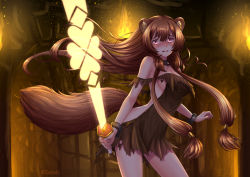 Rule 34 | 1girl, adsouto, animal ears, artist name, bracelet, breasts, brown hair, collar, collarbone, contrapposto, cowboy shot, floating hair, hair tubes, highres, holding, holding sword, holding weapon, indoors, jewelry, long hair, looking at viewer, medium breasts, open mouth, raccoon ears, raccoon girl, raccoon tail, raphtalia, red eyes, sideboob, sidelocks, slave, solo, standing, sword, tail, tate no yuusha no nariagari, torn clothes, very long hair, wavy mouth, weapon