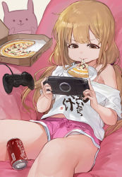 Rule 34 | &gt;:), 10s, 1girl, bare shoulders, blonde hair, blush, brown eyes, cable, can, cheese, clothes writing, coca-cola, controller, drink can, dualshock, eating, food, futaba anzu, game controller, gamepad, handheld game console, holding, idolmaster, idolmaster cinderella girls, legs, long hair, modare, off shoulder, panties, pantyshot, pink ribbon, pizza, pizza box, plate, playing games, playstation controller, playstation portable, ribbon, shirt, short hair, short sleeves, shorts, sitting, soda can, solo, stuffed animal, stuffed rabbit, stuffed toy, t-shirt, twintails, underwear, upshorts, v-shaped eyebrows, white shirt