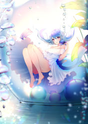Rule 34 | 1girl, air bubble, bad id, bad pixiv id, barefoot, blue hair, bubble, choker, crying, crying with eyes open, dress, fish, full body, goldfish, highres, long hair, mochimochi dando, off-shoulder dress, off shoulder, original, short sleeves, solo, spaghetti strap, sundress, tearing up, tears, underwater, white choker, white dress