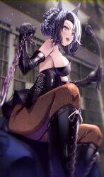 Rule 34 | 1girl, alternate costume, animal ears, bare shoulders, bdsm, black choker, black footwear, black gloves, black leotard, black thighhighs, blush, boots, breasts, chain, choker, commentary request, dominatrix, ear ornament, elbow gloves, fingerless gloves, gloves, highres, holding, holding chain, horse ears, horse girl, horse tail, kamome (aiou0413), knee boots, knee up, leotard, looking at viewer, medium breasts, mejiro ramonu (umamusume), mixed-language commentary, multicolored hair, open mouth, parted lips, short hair, solo, strapless, strapless leotard, streaked hair, tail, teeth, thighhighs, umamusume, upper teeth only
